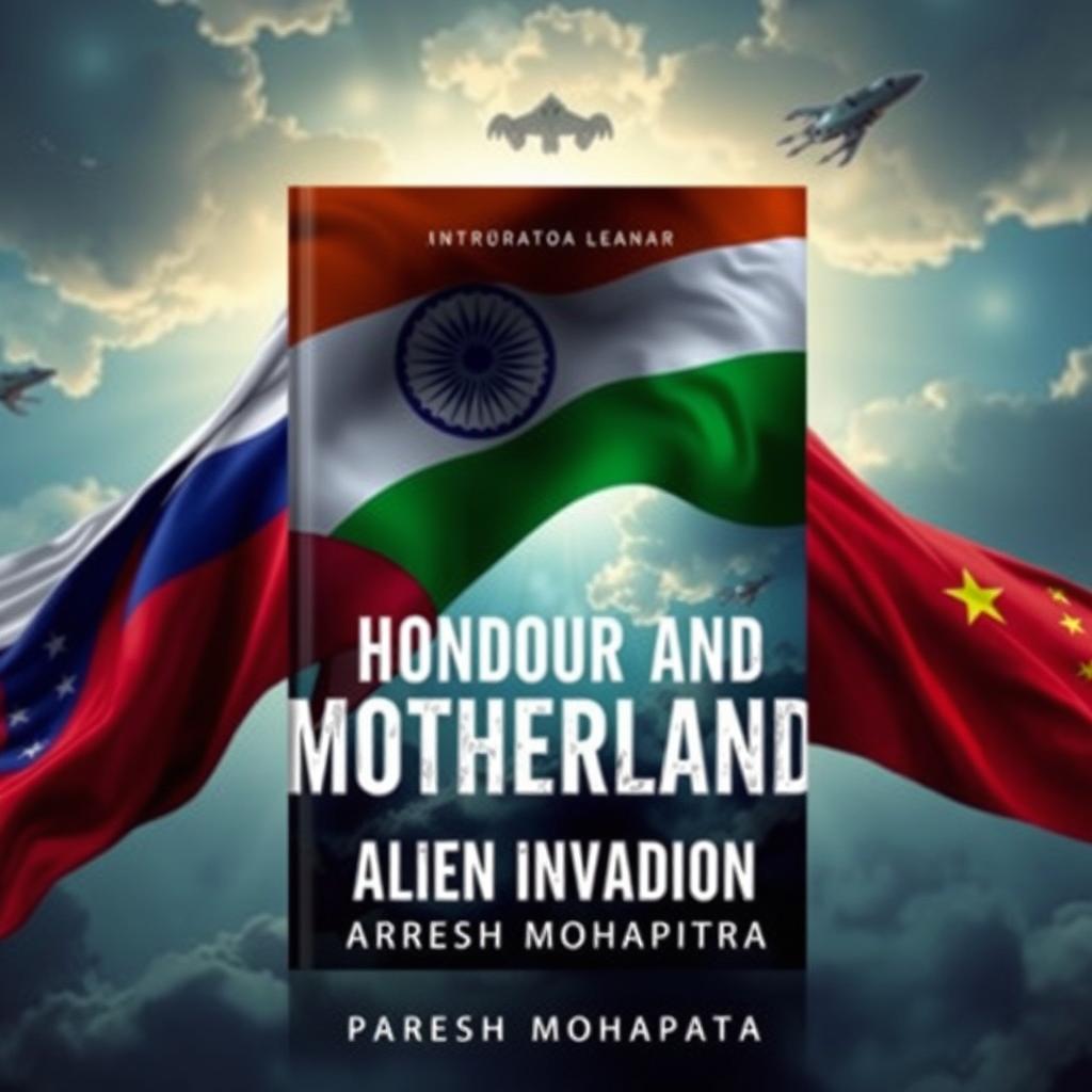 A captivating book cover design for "For Honour And Motherland: Alien Invasion" featuring the Indian, Russian, and Chinese flags in the background, artistically intertwined to represent unity against a common threat