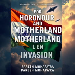 A captivating book cover design for "For Honour And Motherland: Alien Invasion" featuring the Indian, Russian, and Chinese flags in the background, artistically intertwined to represent unity against a common threat