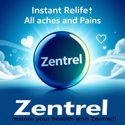 An eye-catching advertisement for a new prescription pill called "Zentrel", designed to relieve all aches and pains instantly