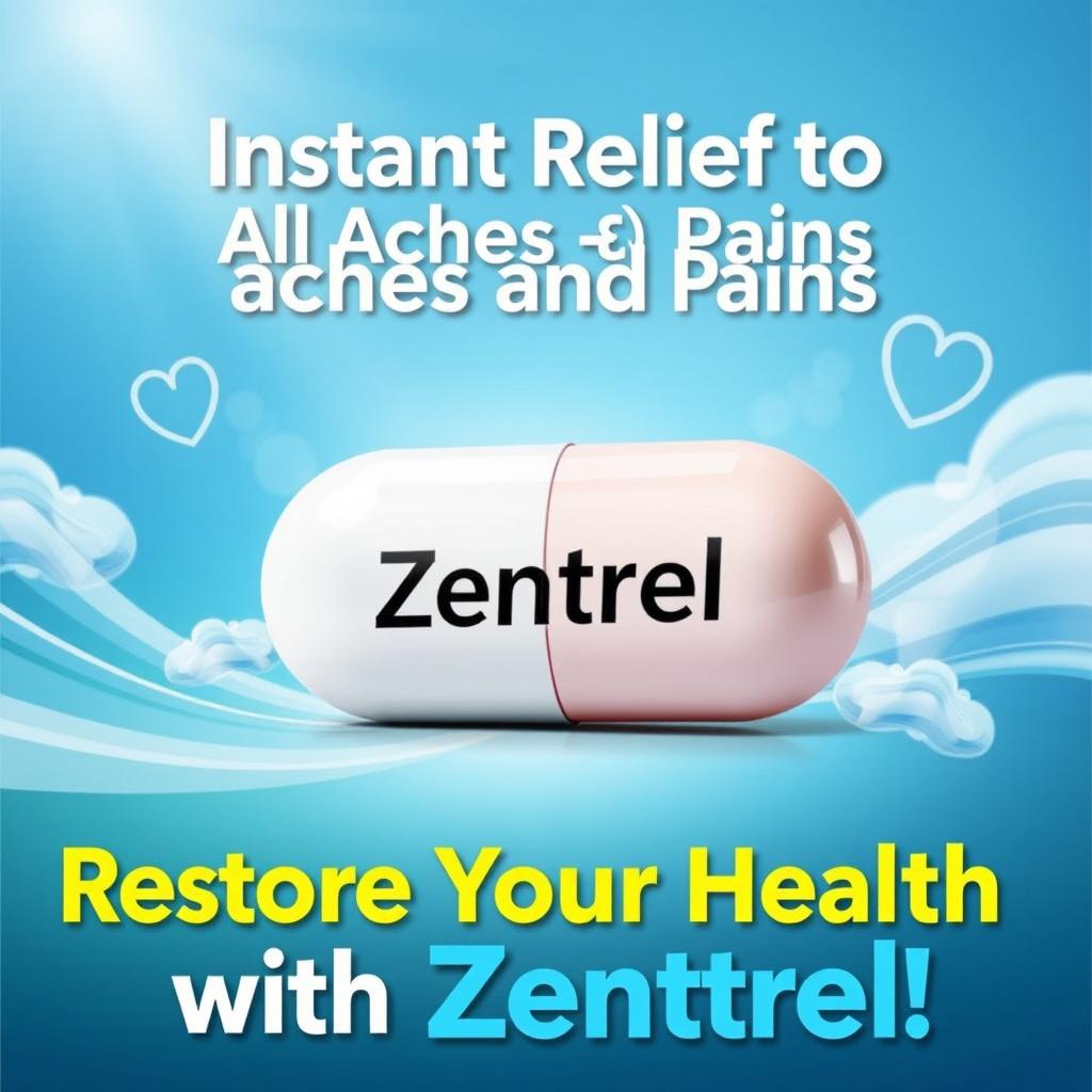 An eye-catching advertisement for a new prescription pill called "Zentrel", designed to relieve all aches and pains instantly