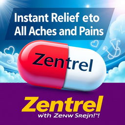 An eye-catching advertisement for a new prescription pill called "Zentrel", designed to relieve all aches and pains instantly