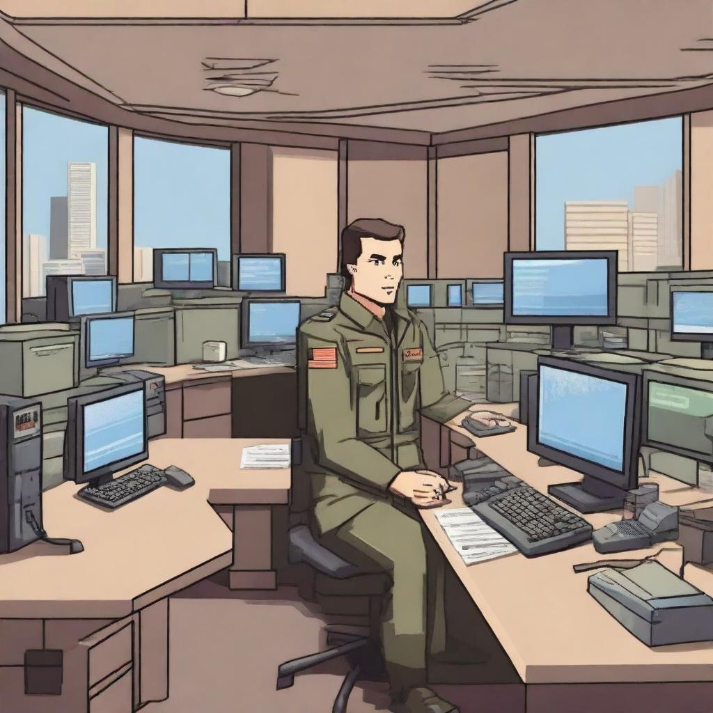 An image in pixel art style depicting an American military IT helpdesk