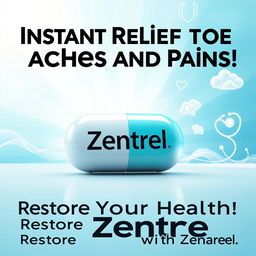 An eye-catching advertisement for a new prescription pill called "Zentrel", designed to relieve all aches and pains instantly