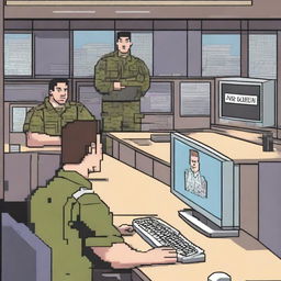 An image in pixel art style depicting an American military IT helpdesk