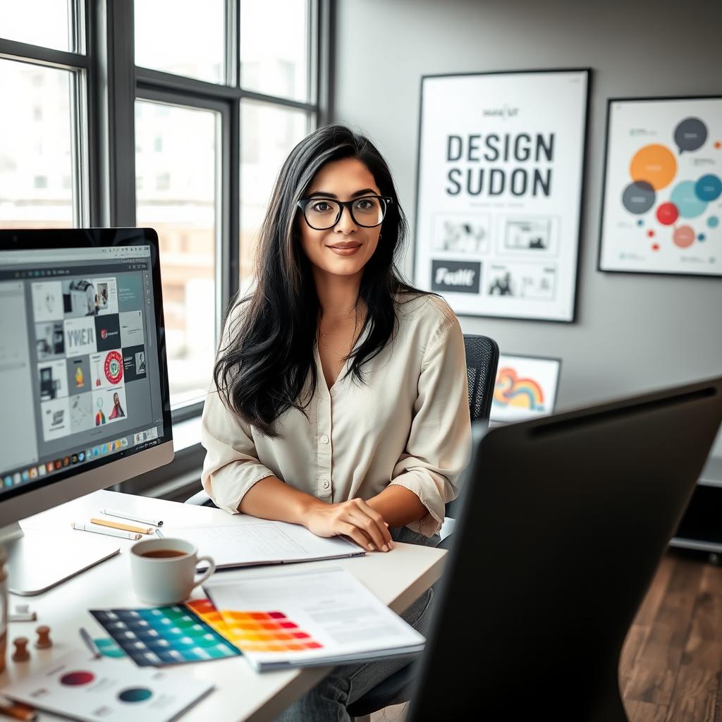 A professional photo of a female UI/UX designer named Mahak Bati, working at her desk filled with design tools and a computer displaying intricate user interface designs