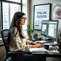 A professional photo of a female UI/UX designer named Mahak Bati, working at her desk filled with design tools and a computer displaying intricate user interface designs
