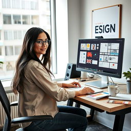 A professional photo of a female UI/UX designer named Mahak Bati, working at her desk filled with design tools and a computer displaying intricate user interface designs