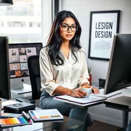A professional photo of a female UI/UX designer named Mahak Bati, working at her desk filled with design tools and a computer displaying intricate user interface designs