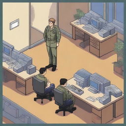 An image in pixel art style depicting an American military IT helpdesk