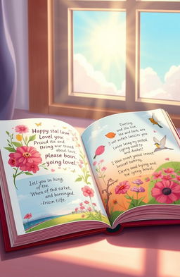An illustrated journey through a beautiful book of positive thoughts, showcasing vibrant and uplifting pages filled with inspirational quotes, enchanting illustrations of nature, smiling faces, and peaceful landscapes