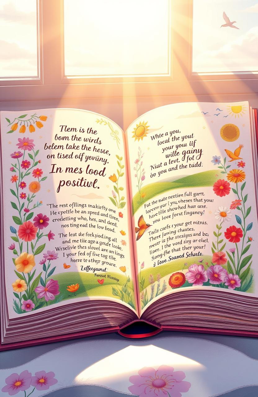 An illustrated journey through a beautiful book of positive thoughts, showcasing vibrant and uplifting pages filled with inspirational quotes, enchanting illustrations of nature, smiling faces, and peaceful landscapes