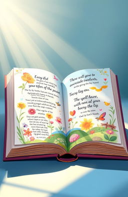 An illustrated journey through a beautiful book of positive thoughts, showcasing vibrant and uplifting pages filled with inspirational quotes, enchanting illustrations of nature, smiling faces, and peaceful landscapes