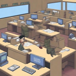 An image in pixel art style depicting an American military IT helpdesk