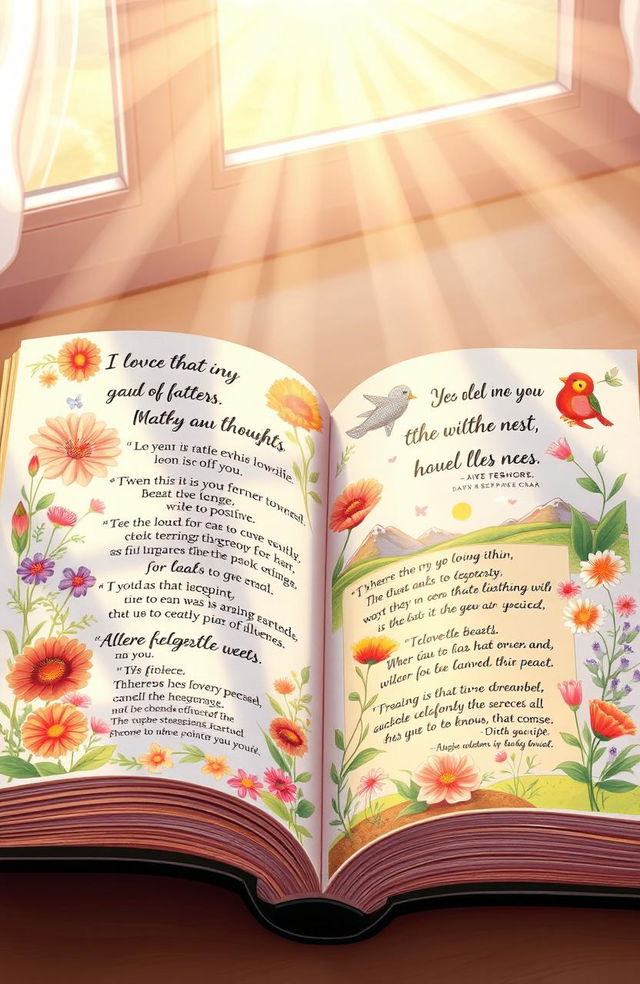 An illustrated journey through a beautiful book of positive thoughts, showcasing vibrant and uplifting pages filled with inspirational quotes, enchanting illustrations of nature, smiling faces, and peaceful landscapes