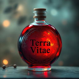 A round glass bottle filled with a vibrant red potion, labeled 'Terra Vitae'