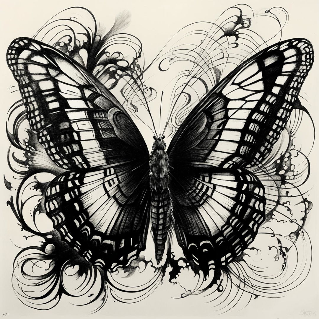 This is a black and white graphite pencil drawing of a butterfly in an expressionistic style, set against a background of abstract shapes and lines