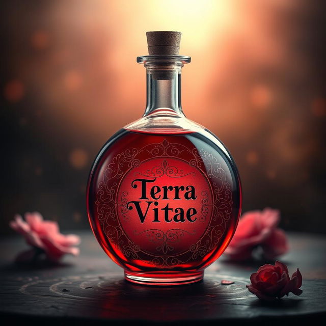 A round glass bottle filled with a vibrant red potion, labeled 'Terra Vitae'