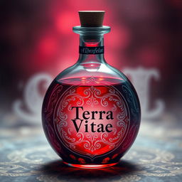 A round glass bottle filled with a vibrant red potion, labeled 'Terra Vitae'