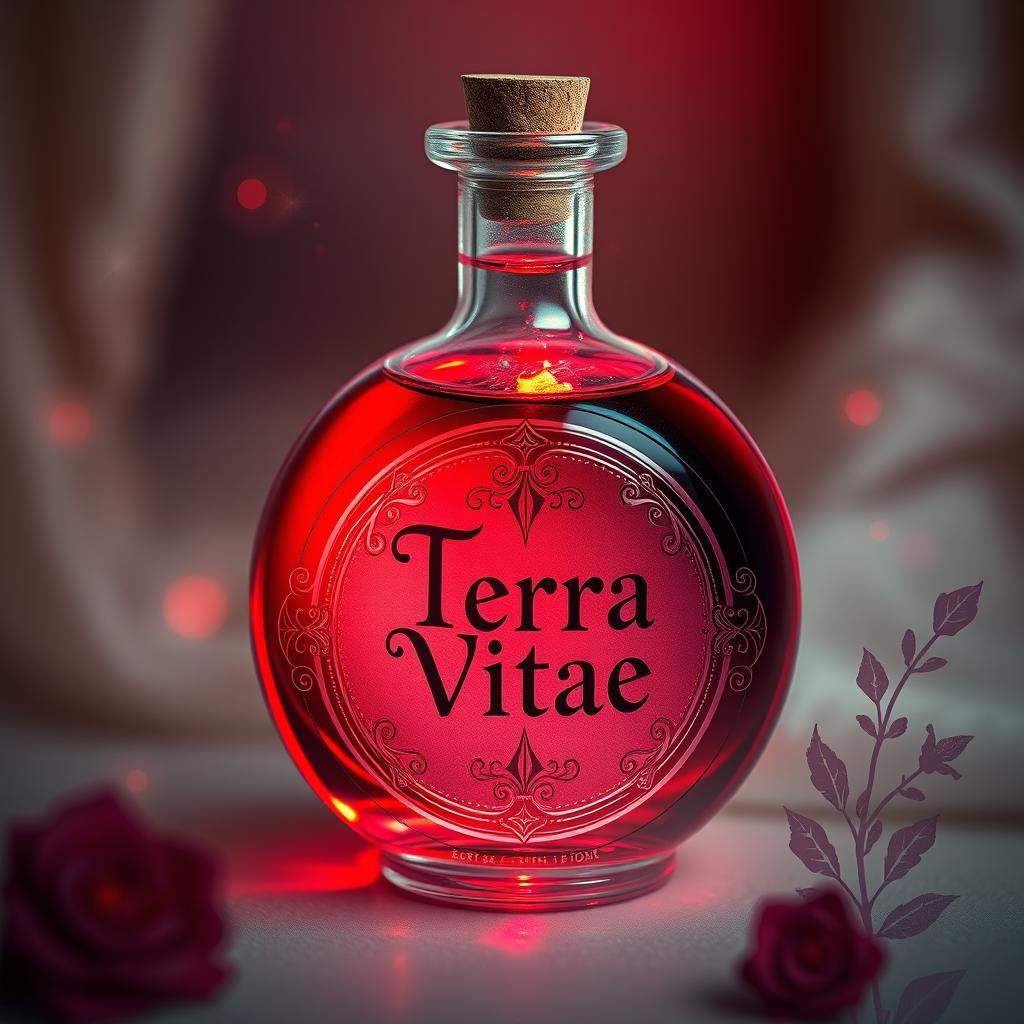 A round glass bottle filled with a vibrant red potion, labeled 'Terra Vitae'