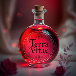 A round glass bottle filled with a vibrant red potion, labeled 'Terra Vitae'