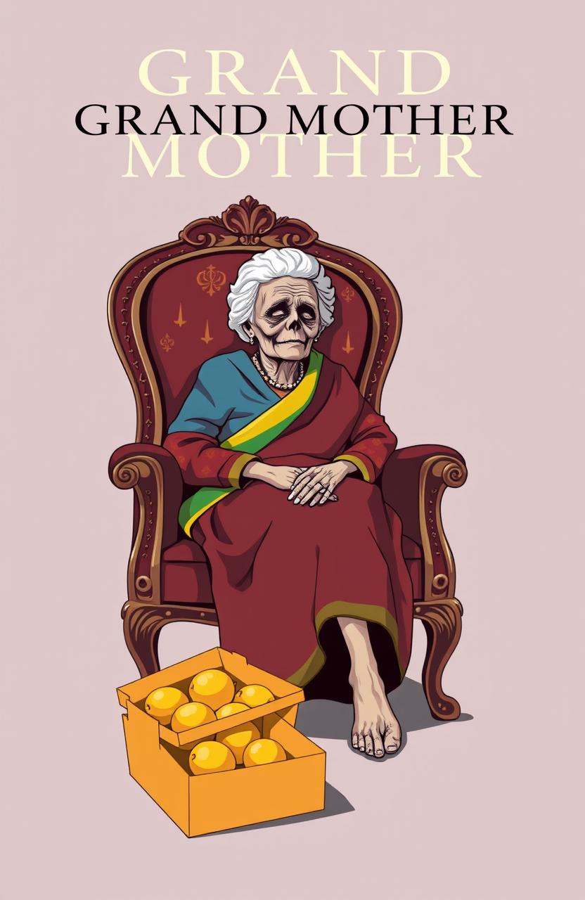 A simple vector styled book cover featuring a dead grandmother sitting in an ornate chair, her body wrapped in colorful cloth