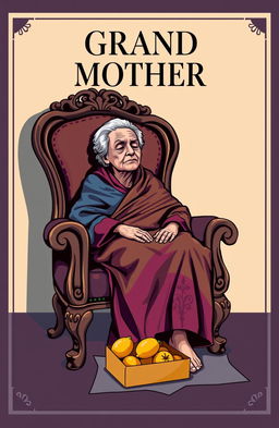 A simple vector styled book cover featuring a dead grandmother sitting in an ornate chair, her body wrapped in colorful cloth