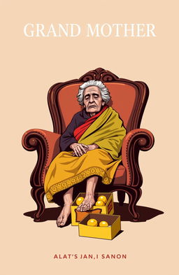 A simple vector styled book cover featuring a dead grandmother sitting in an ornate chair, her body wrapped in colorful cloth