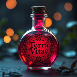 A small round glass bottle filled with a vibrant red potion, prominently labeled 'Terra Vitae'