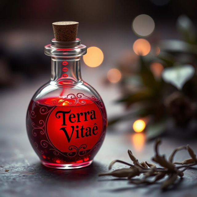 A small round glass bottle filled with a vibrant red potion, prominently labeled 'Terra Vitae'