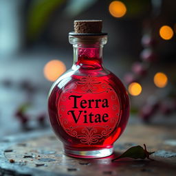 A small round glass bottle filled with a vibrant red potion, prominently labeled 'Terra Vitae'