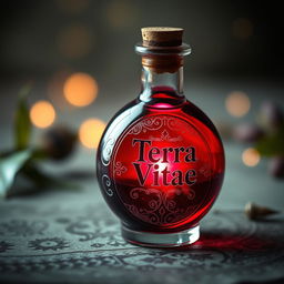 A small round glass bottle filled with a vibrant red potion, prominently labeled 'Terra Vitae'