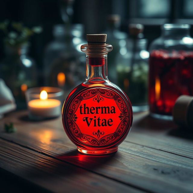 A small round bottle containing a vibrant red potion, labeled 'therma vitae', resting on a wooden table