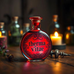 A small round bottle containing a vibrant red potion, labeled 'therma vitae', resting on a wooden table