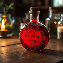 A small round bottle containing a vibrant red potion, labeled 'therma vitae', resting on a wooden table