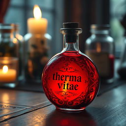 A small round bottle containing a vibrant red potion, labeled 'therma vitae', resting on a wooden table