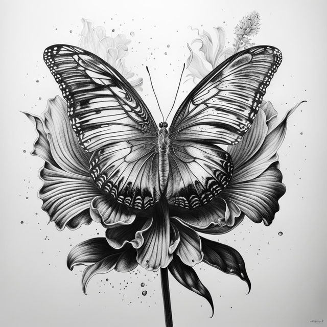 A black and white graphite pencil drawing of a butterfly with intricate geometric patterns on its wings, sitting on a realistically drawn flower