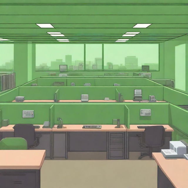 A high-resolution pixel art image featuring two rows of bright green office cubicles, styled to resemble an IT helpdesk within the US military