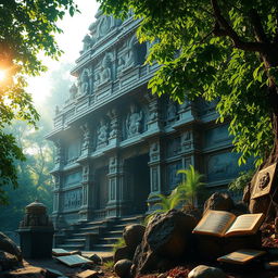 A majestic and ancient Hindu temple, intricately carved with detailed statues and ornate designs, surrounded by lush greenery and hidden behind dense foliage