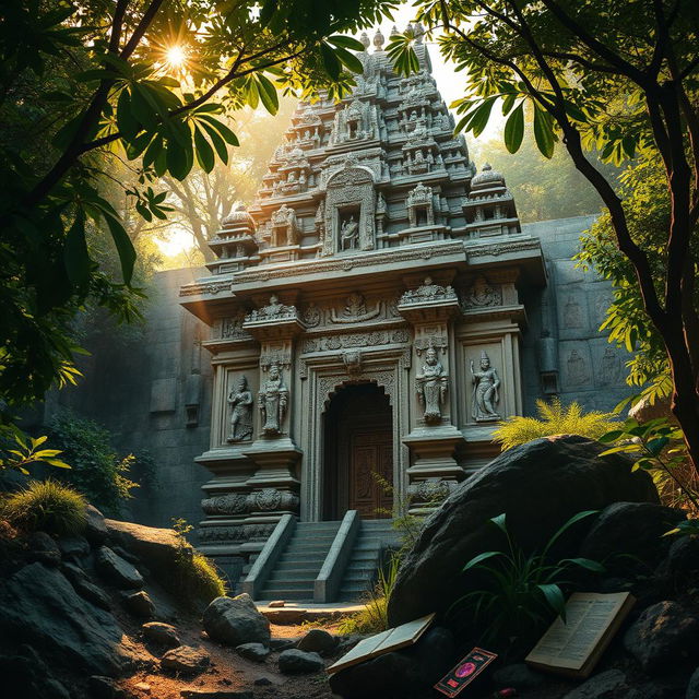 A majestic and ancient Hindu temple, intricately carved with detailed statues and ornate designs, surrounded by lush greenery and hidden behind dense foliage