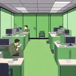 A high-resolution pixel art image featuring two rows of bright green office cubicles, styled to resemble an IT helpdesk within the US military