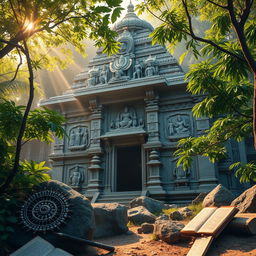 A majestic and ancient Hindu temple, intricately carved with detailed statues and ornate designs, surrounded by lush greenery and hidden behind dense foliage