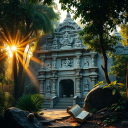 A majestic and ancient Hindu temple, intricately carved with detailed statues and ornate designs, surrounded by lush greenery and hidden behind dense foliage