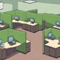 A high-resolution pixel art image featuring two rows of bright green office cubicles, styled to resemble an IT helpdesk within the US military