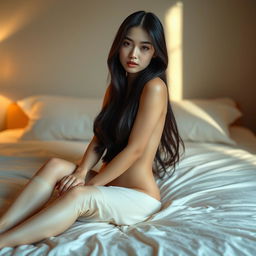 A beautiful 19-year-old Japanese woman sitting elegantly on her bed, fully nude with a captivating and alluring gaze