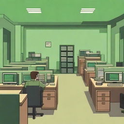 A high-resolution pixel art image featuring two rows of bright green office cubicles, styled to resemble an IT helpdesk within the US military