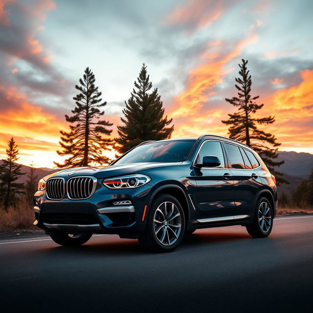 A stunning BMW X3 F25 parked on a scenic mountain road during sunset, showcasing its sleek lines and bold design