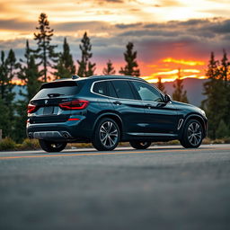 A stunning BMW X3 F25 parked on a scenic mountain road during sunset, showcasing its sleek lines and bold design