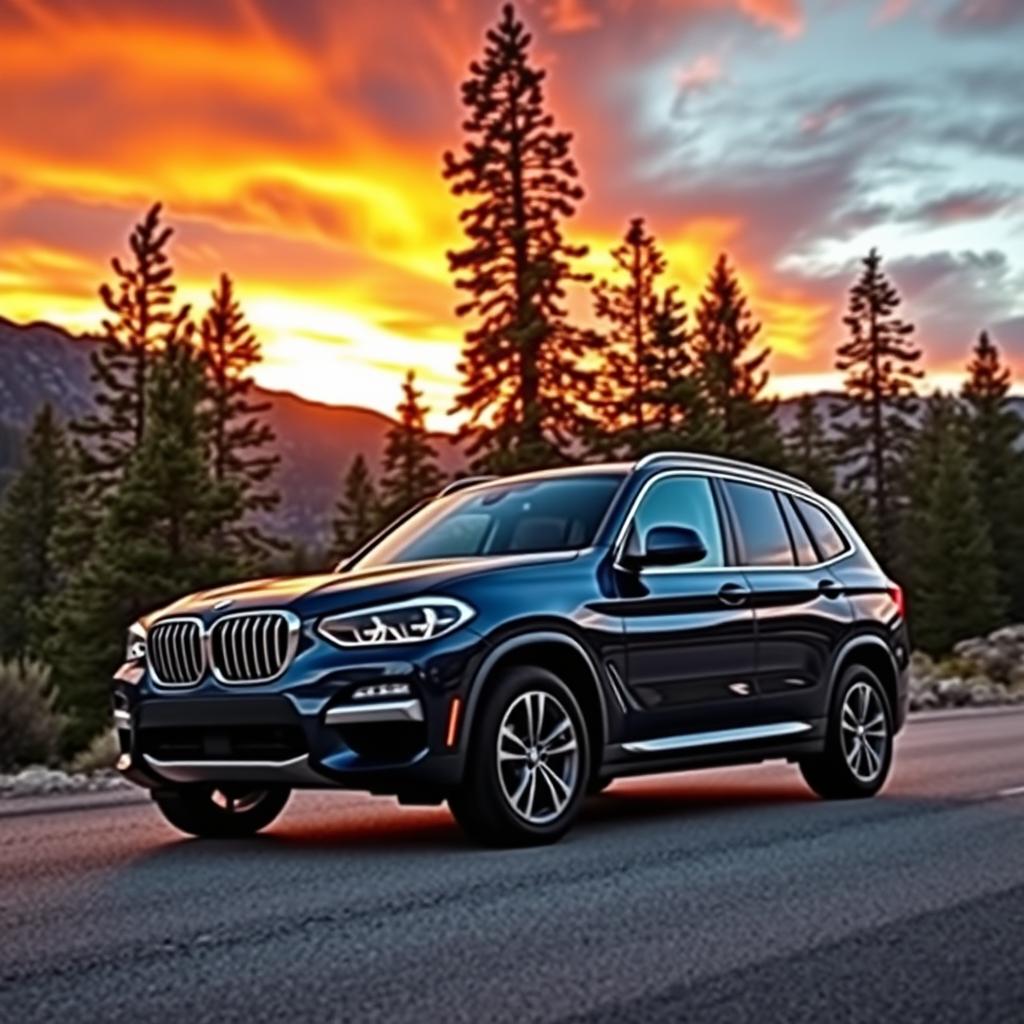 A stunning BMW X3 F25 parked on a scenic mountain road during sunset, showcasing its sleek lines and bold design