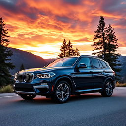 A stunning BMW X3 F25 parked on a scenic mountain road during sunset, showcasing its sleek lines and bold design