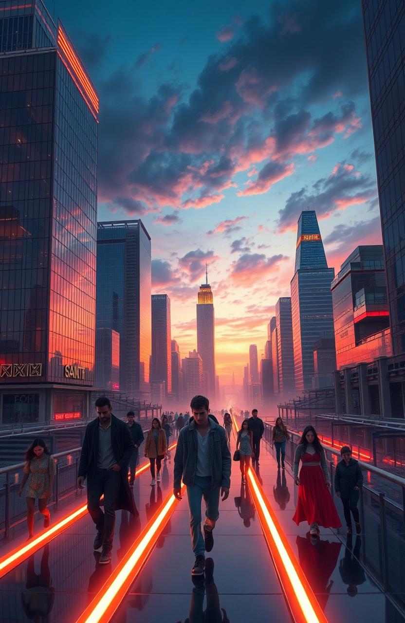 A modern reinterpretation of Dante's Purgatorio, set in an urban landscape filled with towering skyscrapers and neon lights
